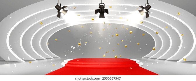 Runway red carpet leading to circular stairs podium with curved white arch elements. Professional spotlights illuminate scene, golden confetti pieces scatter through air. Award or presentation setup.