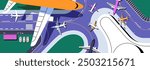 Runway strip with aircrafts top view. Plane flying above airport. Overhead of landing airstrip, airplanes terminal. Aviation banner. Air flight with aerodrome background. Flat vector illustration