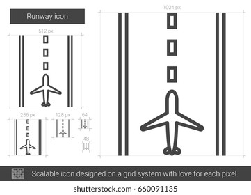 Runway vector line icon isolated on white background. Runway line icon for infographic, website or app. Scalable icon designed on a grid system.