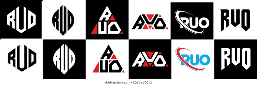 RUO letter logo design in six style. RUO polygon, circle, triangle, hexagon, flat and simple style with black and white color variation letter logo set in one artboard. RUO minimalist and classic logo
