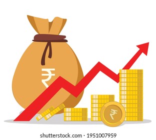 Rupee Bag And Coin Showing Growth, Financial Growing Chart