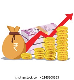 Rupee bag and coin showing growth, financial growing chart vector illustration