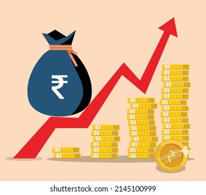 Rupee bag and coin showing growth, financial growing chart vector illustration