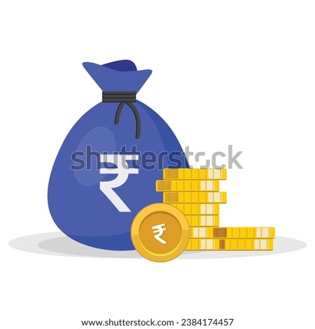 Rupee bag, rupee note and coin showing growth