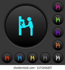 Rupee cash machine dark push buttons with vivid color icons on dark grey background