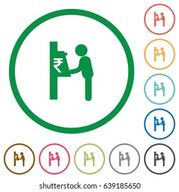 Rupee cash machine flat color icons in round outlines on white background