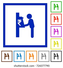 Rupee cash machine flat color icons in square frames on white background