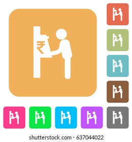 Rupee cash machine flat icons on rounded square vivid color backgrounds.
