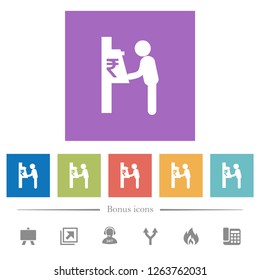 Rupee cash machine flat white icons in square backgrounds. 6 bonus icons included.