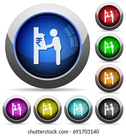 Rupee cash machine icons in round glossy buttons with steel frames