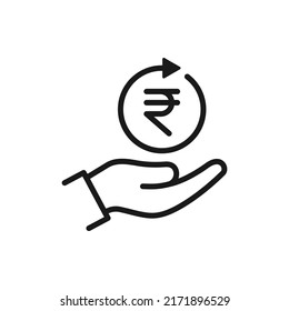 Rupee in circular arrow on hand. Money transaction process icon line style isolated. Vector illustration