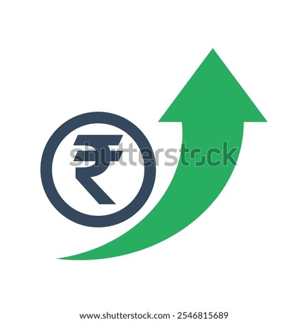 rupee coin with green exponential up arrow, indian economic growth indicator, stock exchange market positive trend, rising income pictogram