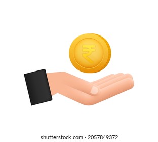 Rupee coin on hand, great design for any purposes. Flat style vector illustration. Currency icon. svg
