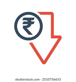 rupee coin and red down arrow, negative economic dynamic concept, indian currency decrease exchange rate indicator