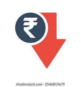 rupee coin with red down arrow, indian economic falling indicator, stock exchange market negative trend, decreased income pictogram