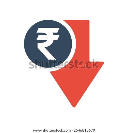 rupee coin with red down arrow, indian economic falling indicator, stock exchange market negative trend, decreased income pictogram