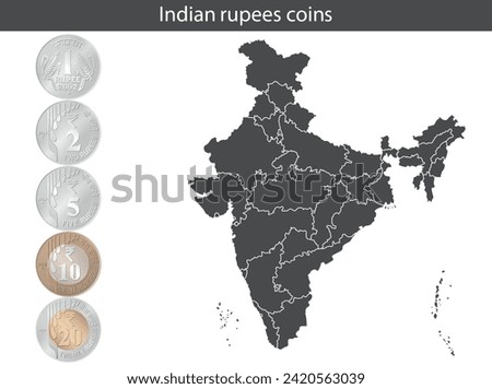 Rupee coins with India map. Set of coins, Indian rupees.