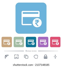 Rupee credit card white flat icons on color rounded square backgrounds. 6 bonus icons included