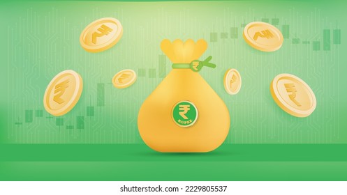 Rupee currency coin 3D finance concept vector banner. Indian money symbol INR 