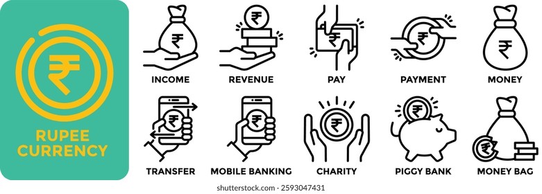 Rupee currency icon collection set.Containing income, revenue, pay, payment, money, transfer, mobile banking, charity, piggy bank and money bag icon.Simple line vector illustration.