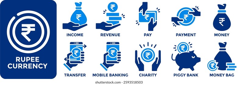 Rupee currency icon collection set.Containing income, revenue, pay, payment, money, transfer, mobile banking, charity, piggy bank and money bag icon.Simple flat vector illustration.	
