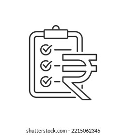 Rupee currency sign and clipboard. Money checklist, financial report icon concept isolated on white background. Vector illustration