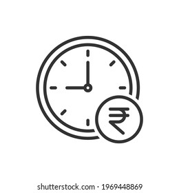 Rupee currency sign with a clock. Time is money icon line style isolated on white background. Vector illustration