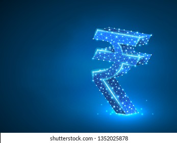 Rupee currency sign, digital neon 3d illustration. Polygonal Vector India money symbol. Business, data cash, finance concept. Low poly wireframe, triangle, lines, dots, polygons on blue background