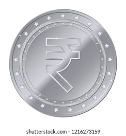 Rupee currency silver coin with stars. Indian currency. Vector illustration isolated on white background. Editable elements and glare. Suitable for casino game. Rich EPS 10 svg