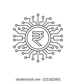 Dinero digital rupio. Estilo de línea de iconos de tecnología financiera aislado en fondo blanco. Ilustración del vector