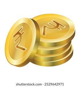 Rupee gold coin stack. Isometric stack of gold coins with the Indian rupee symbol. Business concept template