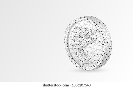 Rupee Golden Coin 3d illustration. Origami Polygonal Vector business, money, finance, cash, circle concept. Low poly wireframe, triangle, lines, dots, polygons. White background. RGB color mode