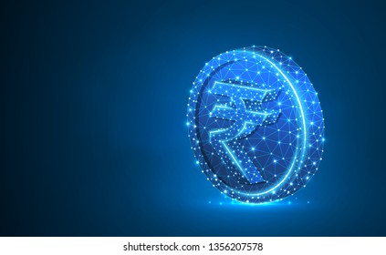 Rupee Golden Coin 3d illustration. Neon Polygonal Vector business, money, finance, cash, circle concept. Low poly wireframe, triangle, lines, dots, polygons. Blue background. RGB color mode