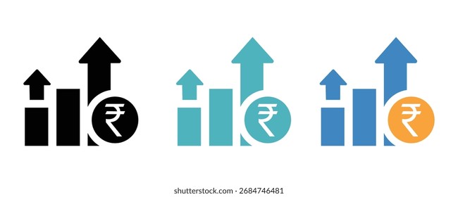 Rupee growth graph icon set vector on white background. financial, concept, money, currency, increase, business, investment, market, finance, symbol.
