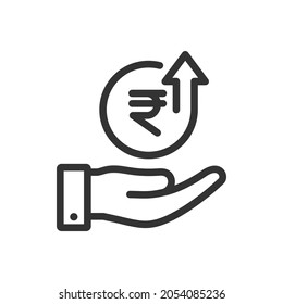 Rupee growth on hand icon design isolated on white background. Vector illustration