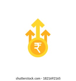 rupee growth vector icon. gold dollar coin with three up arrows. Flat icon. Isolated on white. Economy, finance, money, investment symbol. Currency pictogram. Vector illustration.