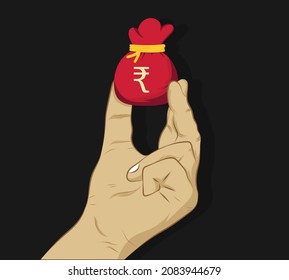 Rupia. Ilustración vectorial de la bolsa de la rupia roja de mano