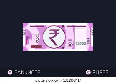 Símbolo de la moneda de la India rupia. Ilustración vectorial de dos mil rupias de estilo liso indio. Nuevo billete de 2000 rupias.