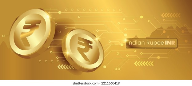 Rupee INR Digital Indian currency vector golden coin template. Finance and forex market concept banner and background.