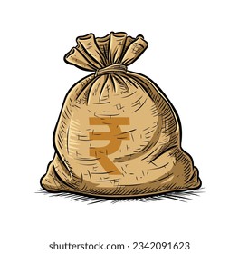 Rupee. Jute rupee bag, currency bag isolated on white background