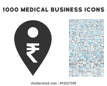 Rupee Map Marker icon with 1000 medical business gray and blue vector design elements. Set style is flat bicolor symbols, white background.