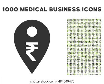 Rupee Map Marker icon with 1000 medical commerce eco green and gray vector pictograms. Set style is flat bicolor symbols, white background.