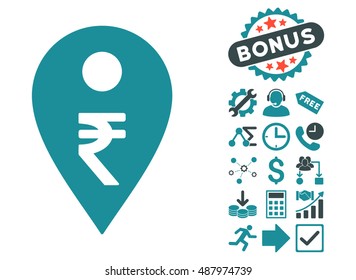 Rupee Map Marker icon with bonus clip art. Vector illustration style is flat iconic bicolor symbols, soft blue colors, white background.