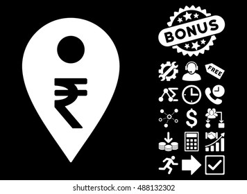 Rupee Map Marker icon with bonus icon set. Vector illustration style is flat iconic symbols, white color, black background.