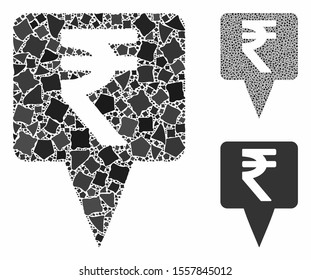 Rupee map pointer composition of trembly elements in various sizes and color tones, based on rupee map pointer icon. Vector ragged elements are organized into collage.