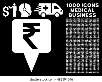 Rupee Map Pointer icon with 1000 medical commerce white vector design elements. Clipart style is flat symbols, black background.