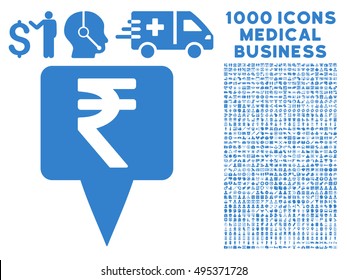 Rupee Map Pointer icon with 1000 medical business cobalt vector pictograms. Design style is flat symbols, white background.