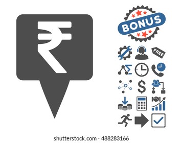 Rupee Map Pointer pictograph with bonus elements. Vector illustration style is flat iconic bicolor symbols, cobalt and gray colors, white background.
