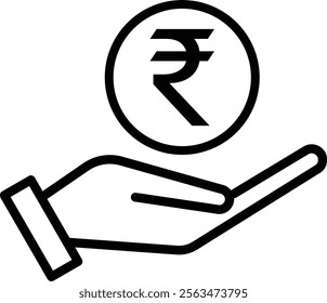 Rupee on hand icon isolated on white background . Rupee save icon . Rupee coin on hand icon vector