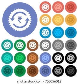 Rupee pay back guarantee sticker multi colored flat icons on round backgrounds. Included white, light and dark icon variations for hover and active status effects, and bonus shades.